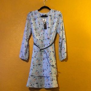 NWT Size M Allegra K blue floral lined dress with removable belt, side zipper .